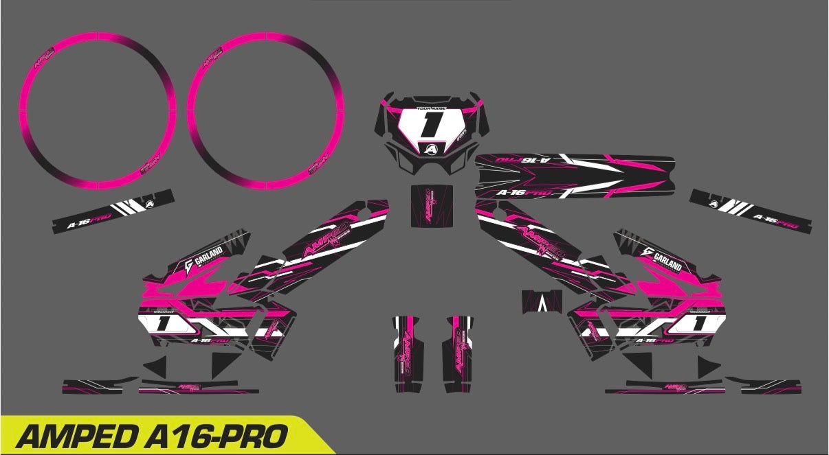 Amped A16 Pro Custom Graphics Kit – Personalised Name & Race Number (Pink)