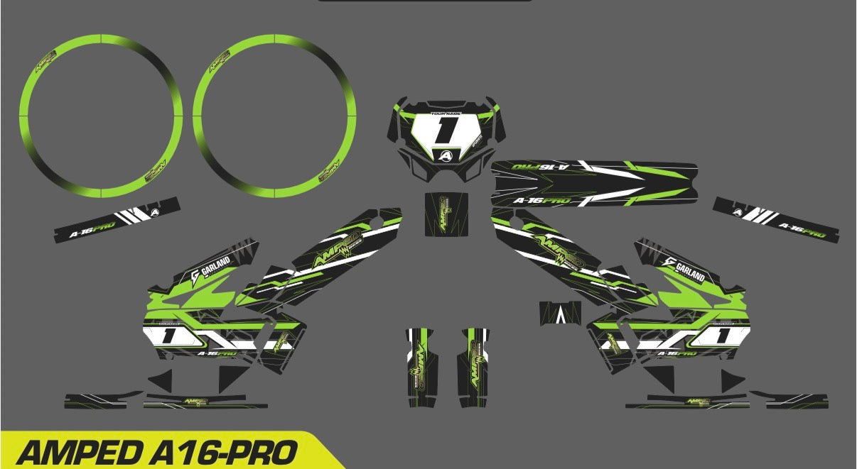 Amped A16 Pro Custom Graphics Kit – Personalised Name & Race Number (Green)