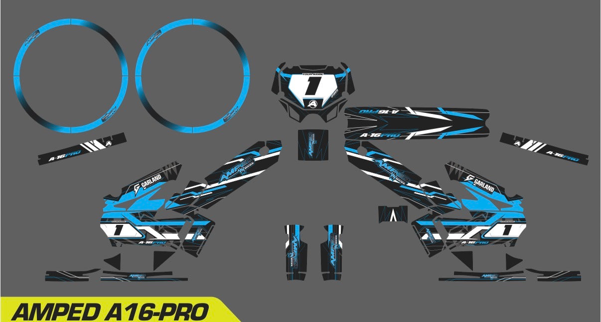 Amped A16 Pro Custom Graphics Kit – Personalised Name & Race Number (Blue)