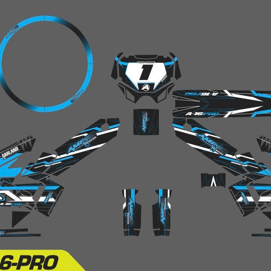 Amped A16 Pro Custom Graphics Kit – Personalised Name & Race Number (Blue)