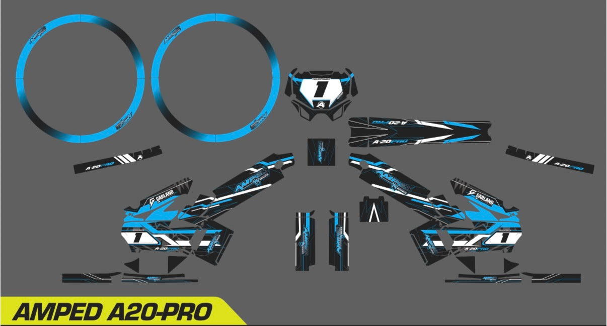 Amped A20 Pro Custom Graphics Kit – Personalised Name & Race Number (Blue)