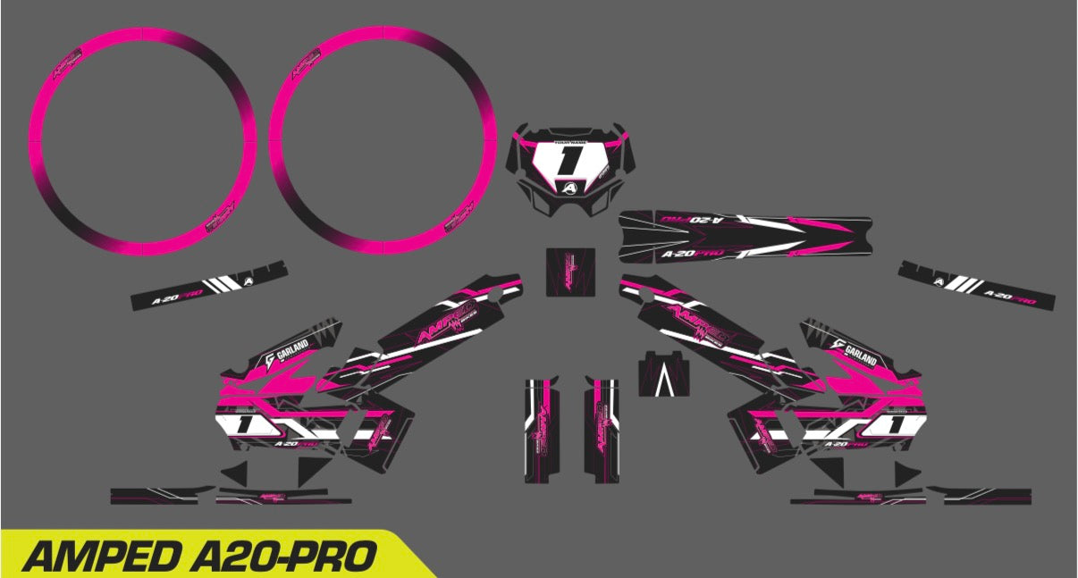 Amped A20 Pro Custom Graphics Kit – Personalised Name & Race Number (Pink)