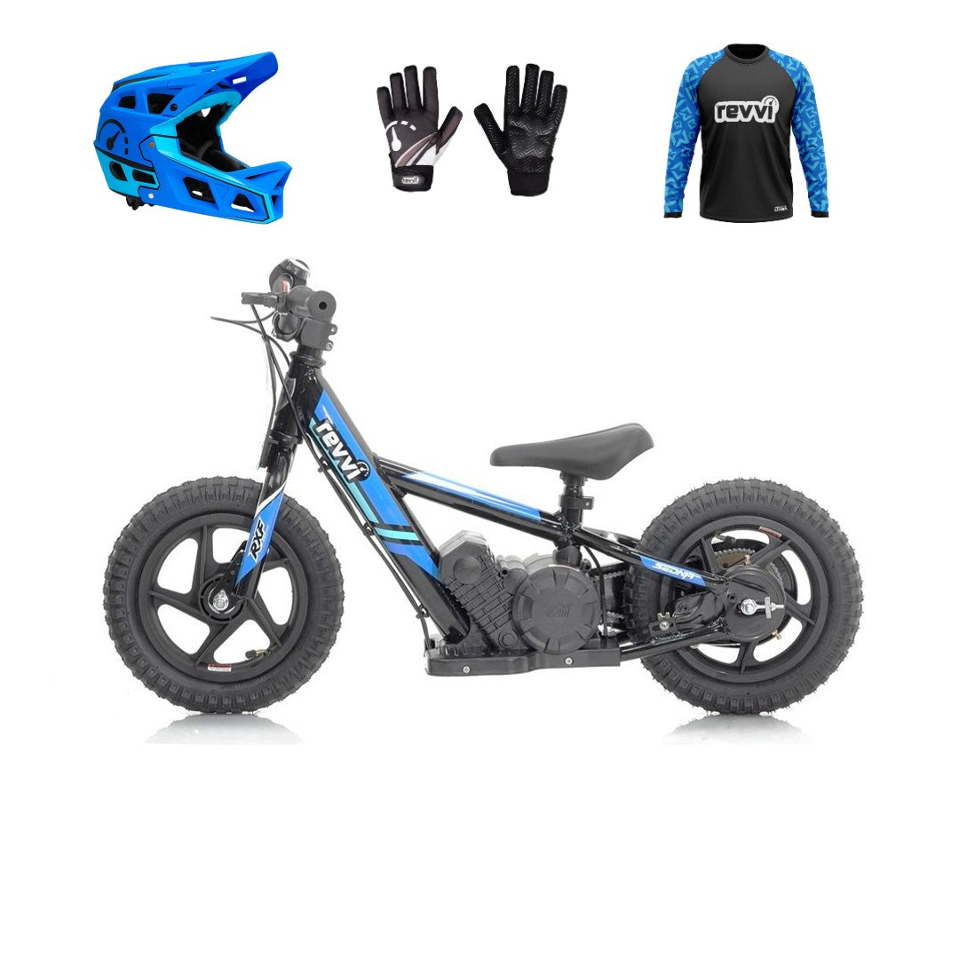 Revvi 12" Electric Bike & Riding Gear Bundle - Blue