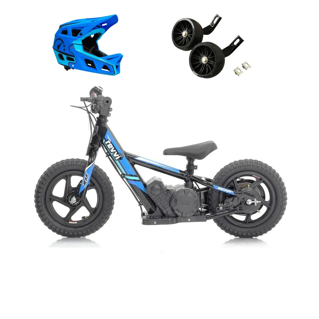 Revvi 12 Electric Bike, Stabilisers & Helmet Bundle – Blue