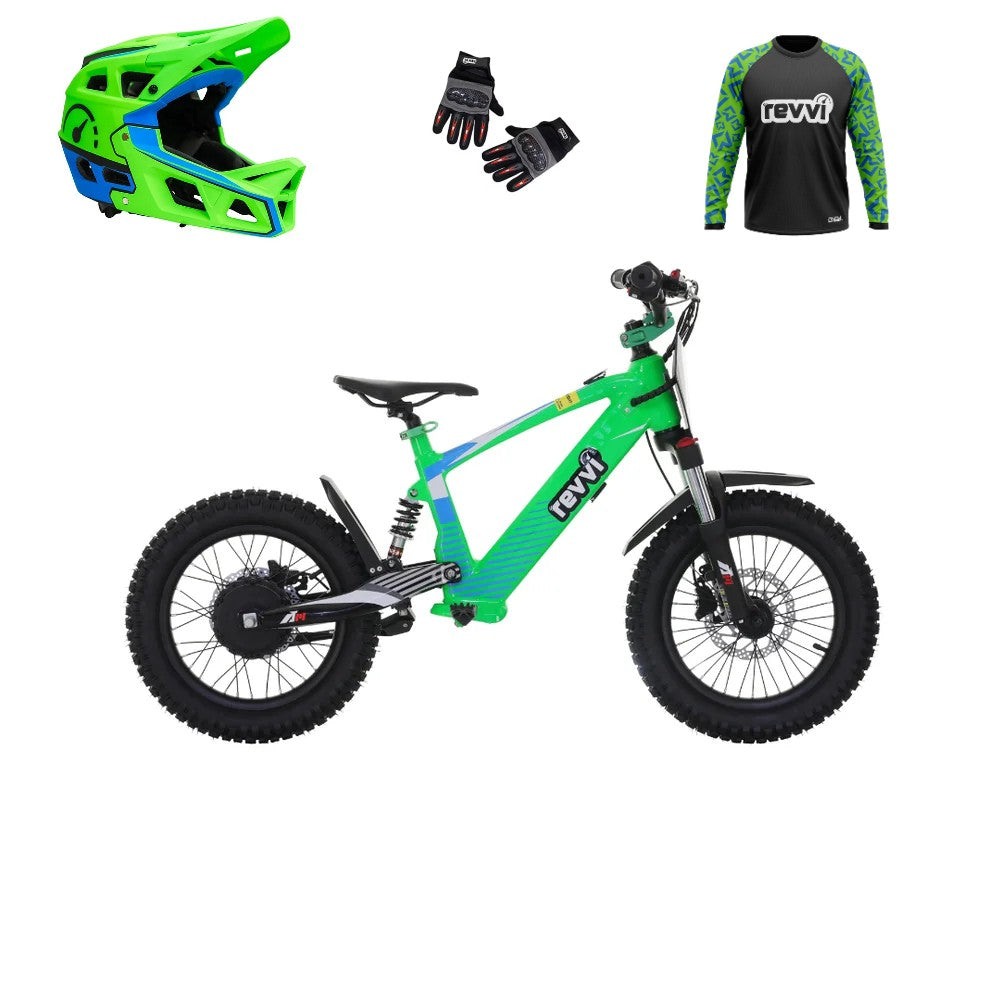 Revvi 16 XL Electric Bike + Riding Gear Bundle - Green