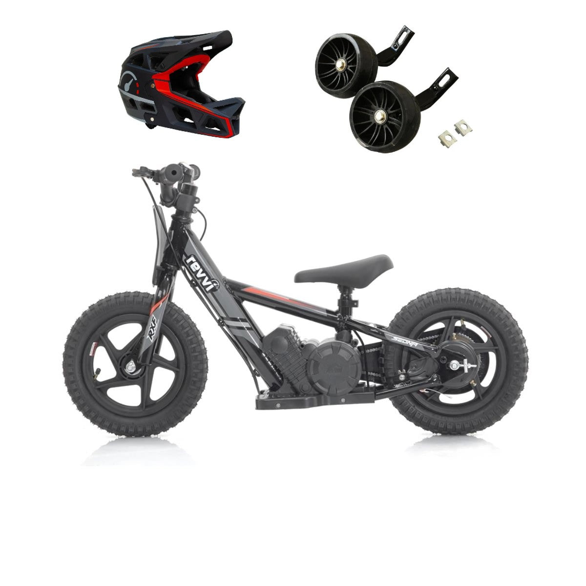 Revvi 12 Electric Bike, Stabilisers & Helmet Bundle – Black