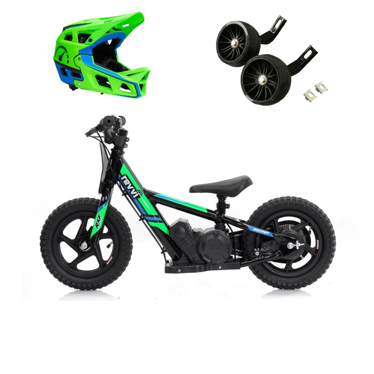 Revvi 12 Electric Bike, Stabilisers & Helmet Bundle – Green