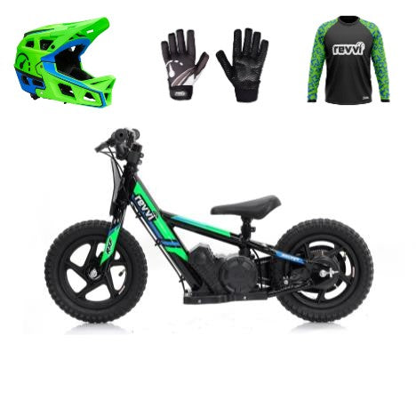 Revvi 12" Electric Bike + Riding Gear Bundle - Green