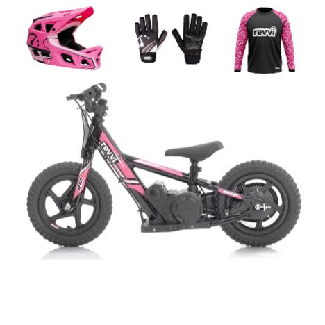 Revvi 12" Electric Bike + Riding Gear Bundle - Pink