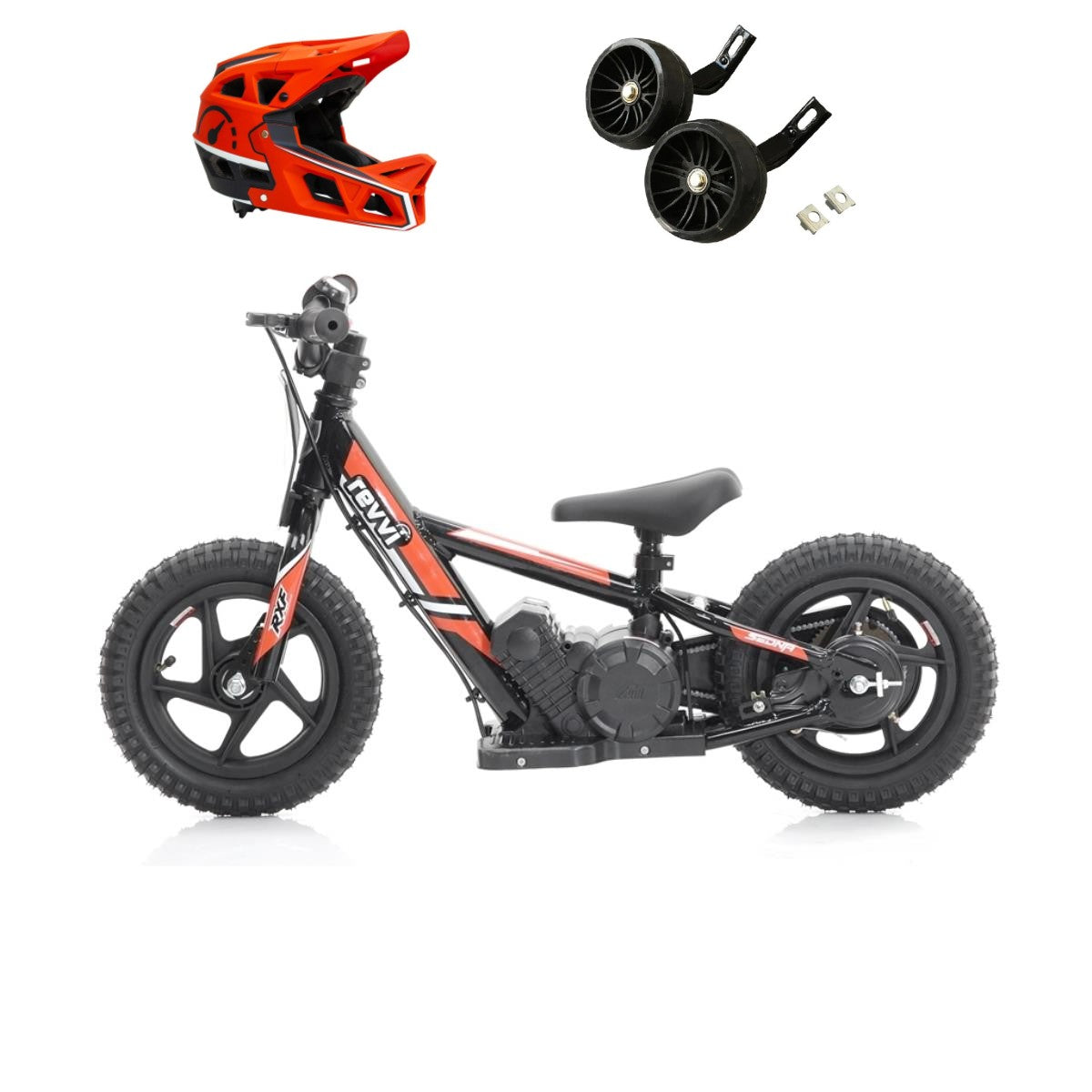 Revvi 12 Electric Bike, Stabilisers & Helmet Bundle – Red