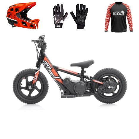 Revvi 12" Electric Bike + Riding Gear Bundle - Red