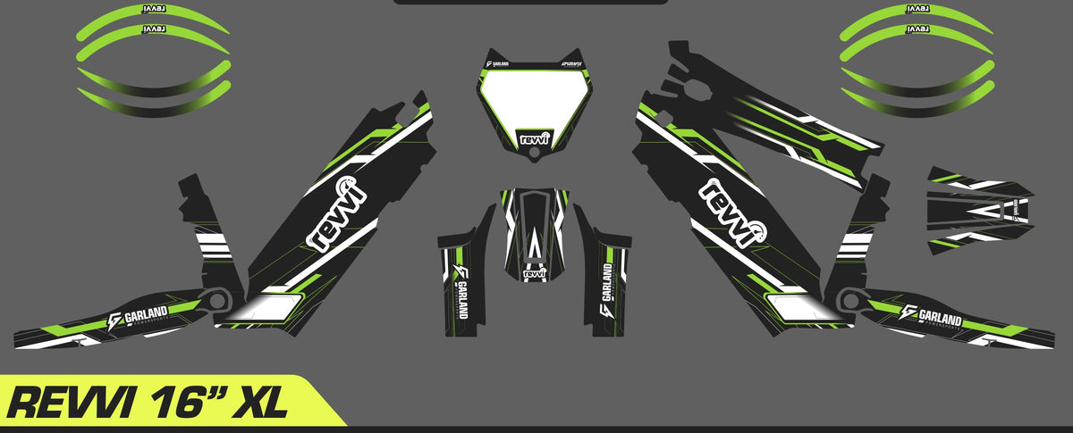 Revvi 16 XL Custom Graphics Kit – Personalised Name & Race Number (Green)