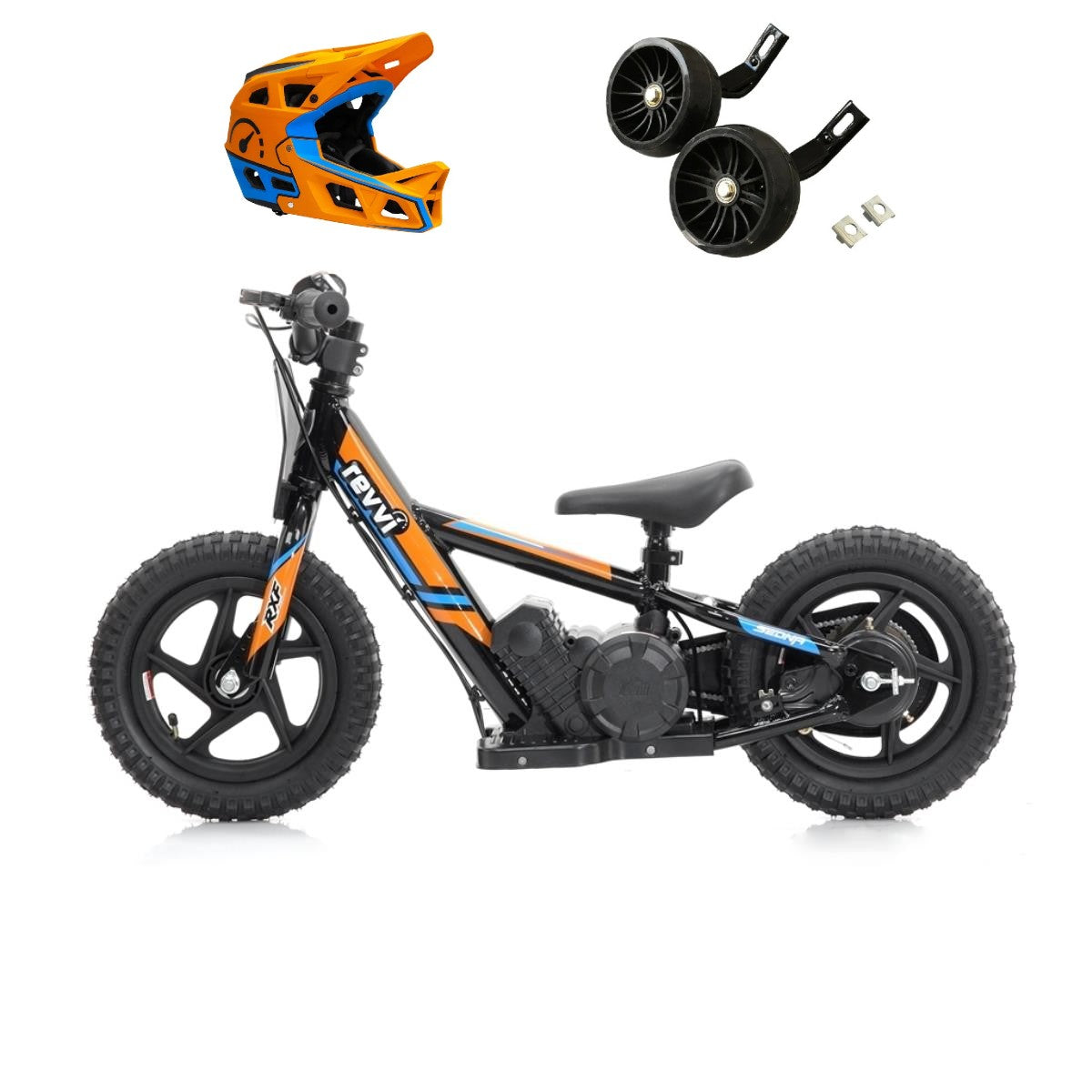 Revvi 12 Electric Bike, Stabilisers & Helmet Bundle – Orange