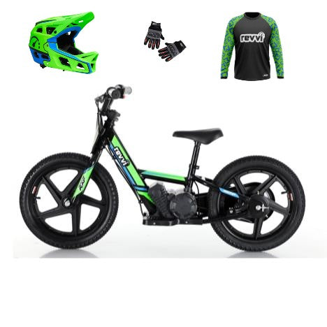 Revvi 16" Electric Bike + Riding Gear Bundle - Green