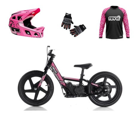 Revvi 16" Electric Bike + Riding Gear Bundle - Pink