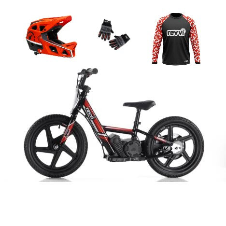 Revvi 16" Electric Bike + Riding Gear Bundle - Red